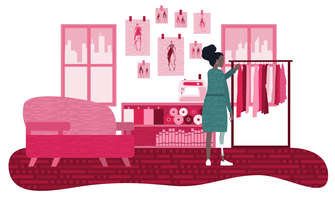 Pink apartment woman picking clothes from rack