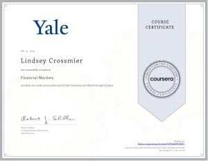 Yale course certificate for Lindsey Crossmier