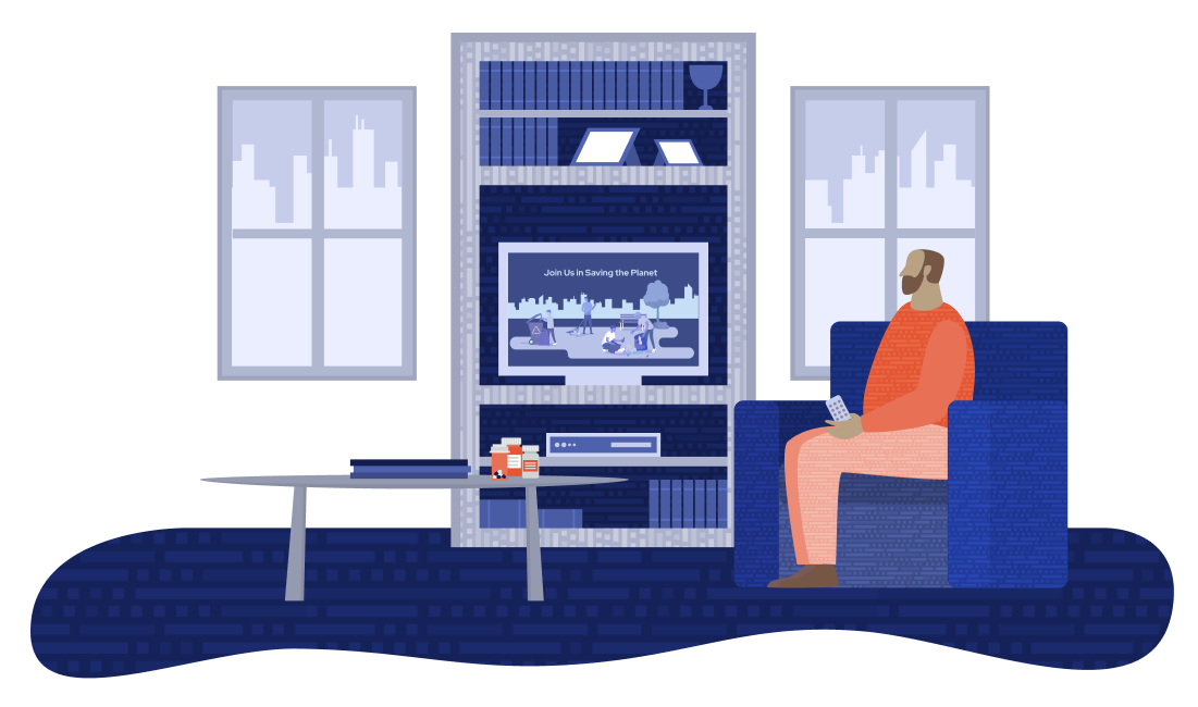 Blue Apartment man on chair watching TV