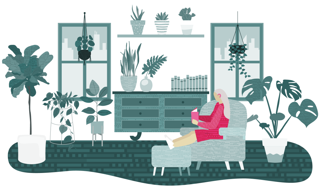 Green apartment with woman reading at her chair