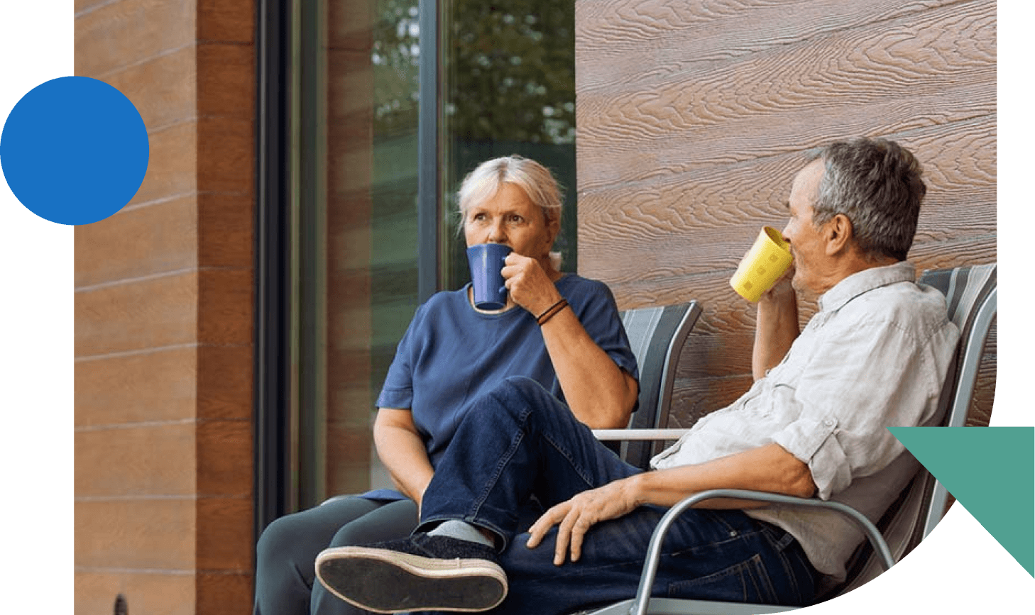 A retired couple enjoying coffee on their porch