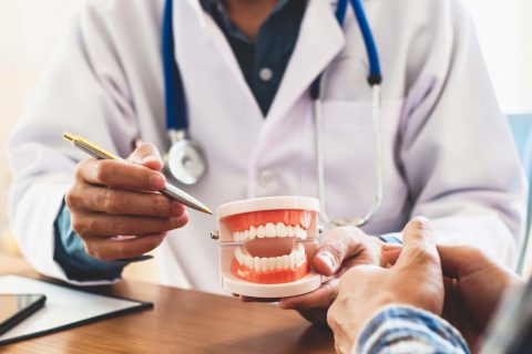 Dentist showing a teeth mold to a patient