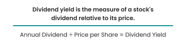 Dividend Yield Formula: Dividend yield is the measure of a stock's dividend relative to its price. Annual Dividend ÷ Price per Share = Dividend Yield