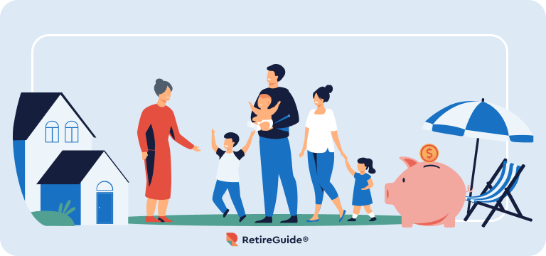 An illustration of different factors in womens' retirement: a house, family members, a piggy bank, and a relaxing beach chair.
