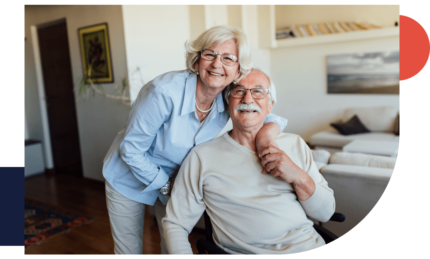 Retired wife and disabled husband, smiling at home