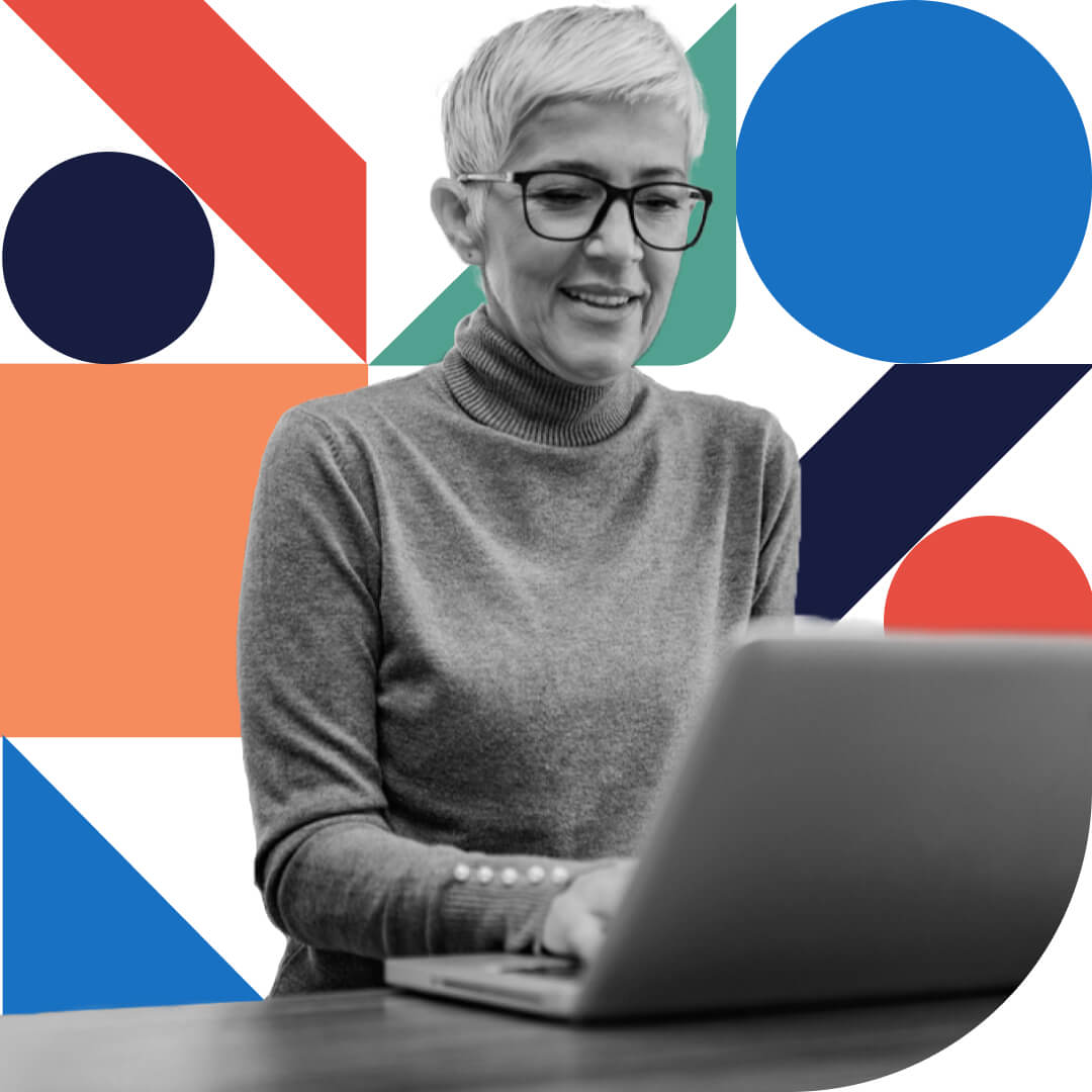 Woman on Laptop with Background Shapes