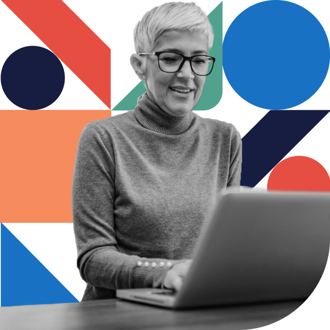 Woman on laptop with colorful shapes in the background