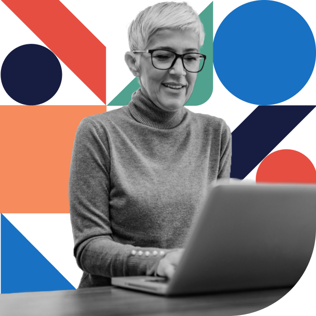 Woman on laptop with colorful shapes in the background