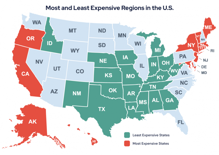 U.S. Map of Most and Least Expensive Regions in the U.S.