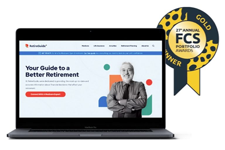 RetireGuide home page with FCS award ribbon