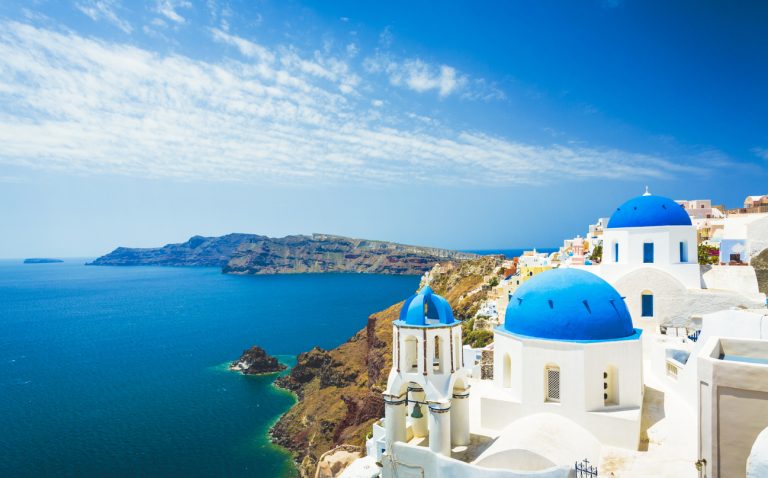 White church in Oia town on Santorini Island in Greece