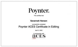 Savannah Hanson ACES Certificate