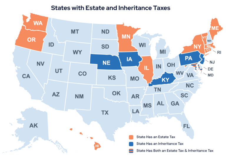 U.S. Map Showing States with Estate and Inheritance Taxes
