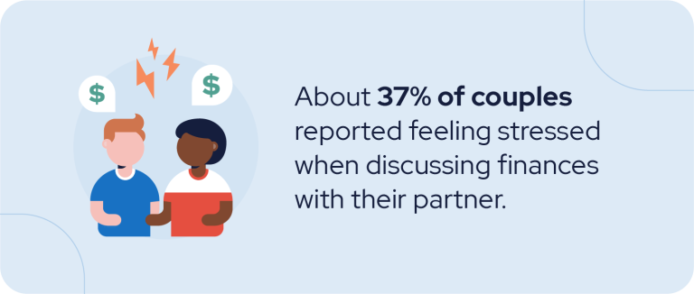 illustration of a couple arguing over money next to a statistic fact box