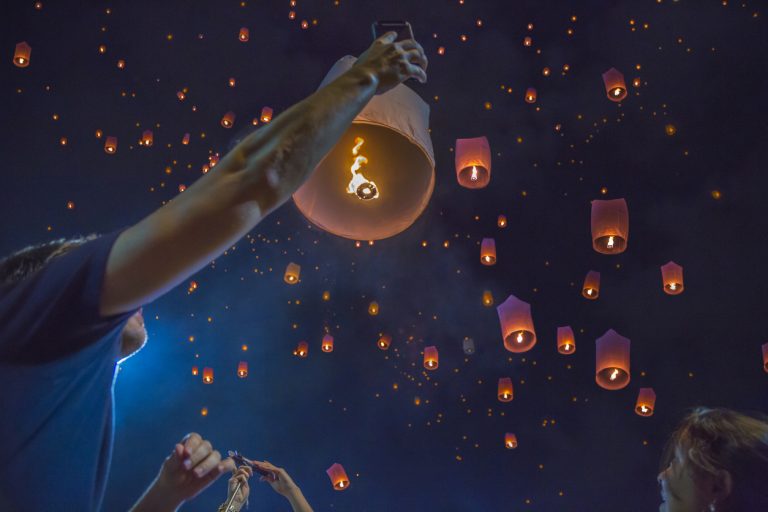 Floating asian lanterns in the sky of Chiang Mai, Thailand