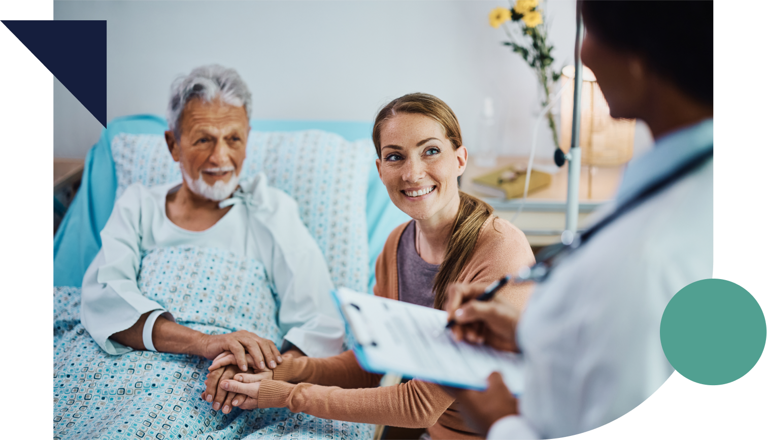 Happy woman and her hospitalized father talking to a doctor after surgery